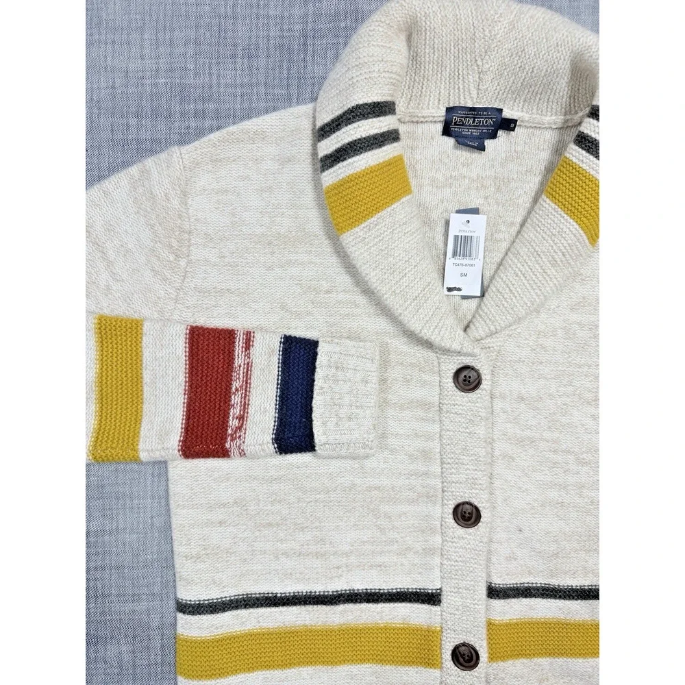 Pendleton Glacier Stripe Lambswool Shawl Cardigan Sweater Oatmeal Mens Sz Small